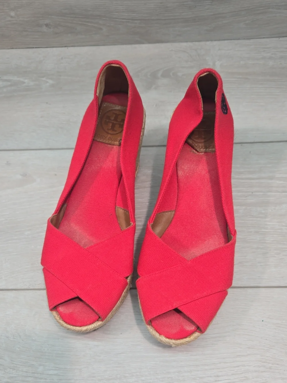 Tory Burch Women Filipa Red  Open Toe Espadrille Wedge Shoes Sandals Sz 8B